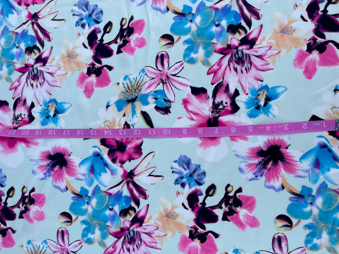 Lightweight  satin  fabric - Light green pink and blue  Floral    print