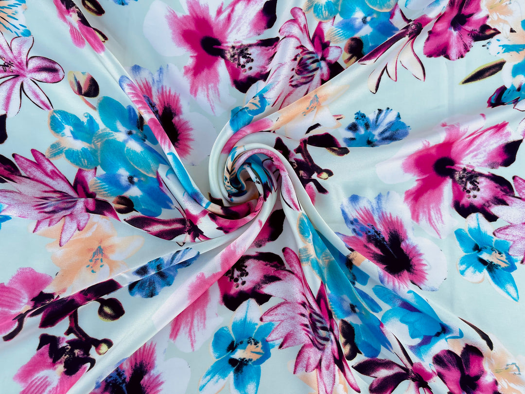 Blue pink tropical flowers on light green satin fabric for robes bridal robes lining fabric 