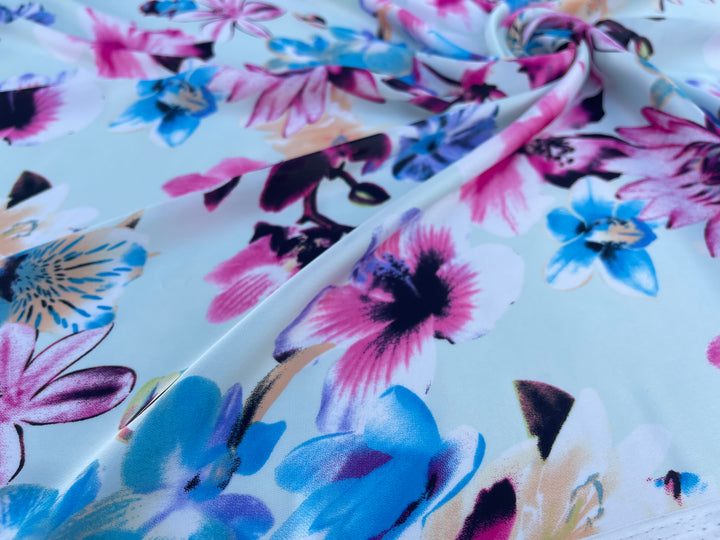 Lightweight  satin  fabric - Light green pink and blue  Floral    print