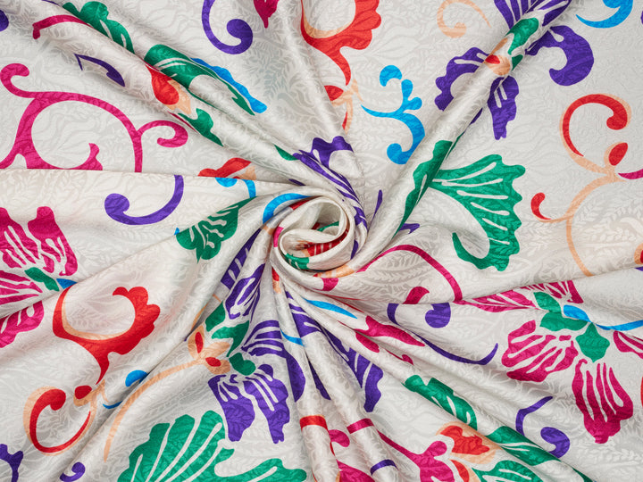 Lightweight silky jacquard  - White jacquard with colorful paisley print