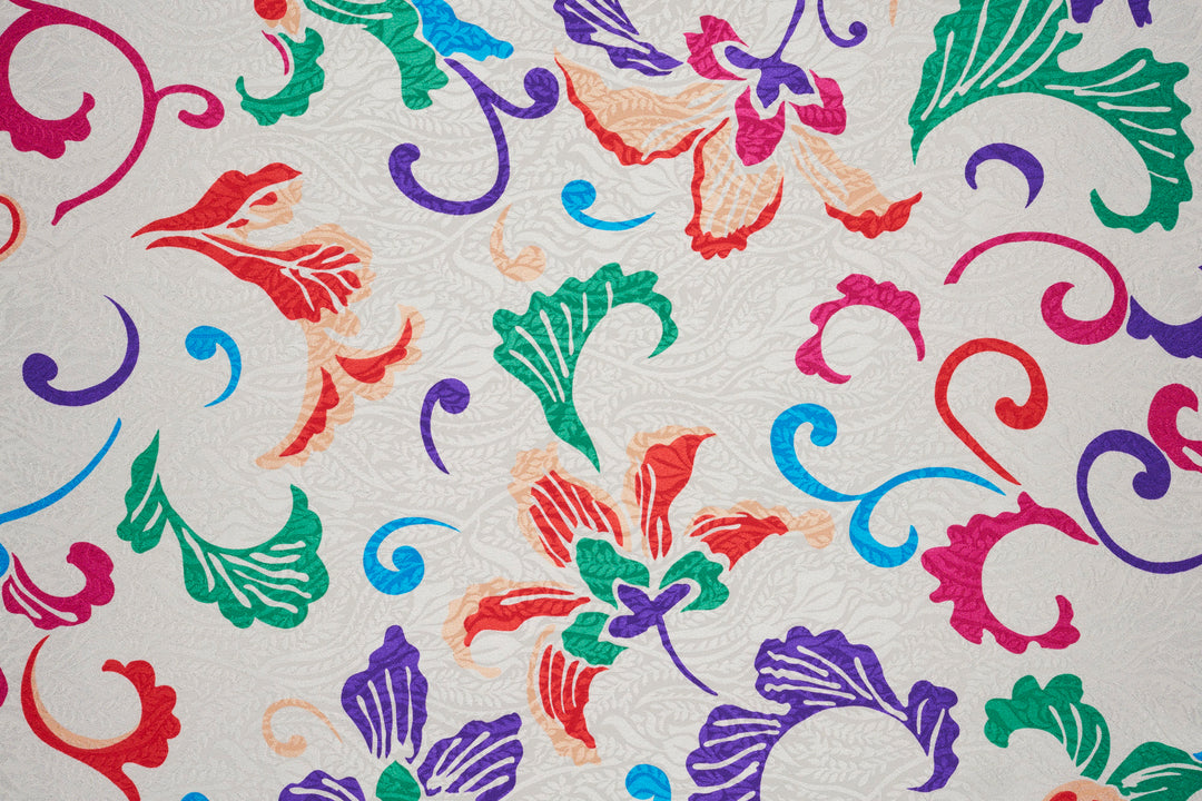 Lightweight silky jacquard  - White jacquard with colorful paisley print