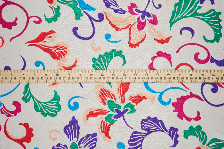 Lightweight silky jacquard  - White jacquard with colorful paisley print