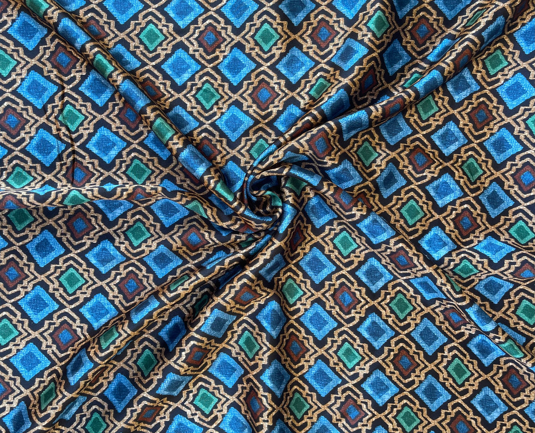 Royal blue brown and gold squares geometric pattern satin fabric 