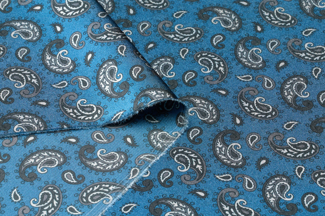 Blue Dainty Paisley   - Silky Satin Charmeuse print - fabric by the yard -