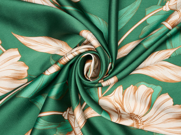 Green  Floral Print - Lightweight  satin  dobby fabric by the yard - Fashion fabric