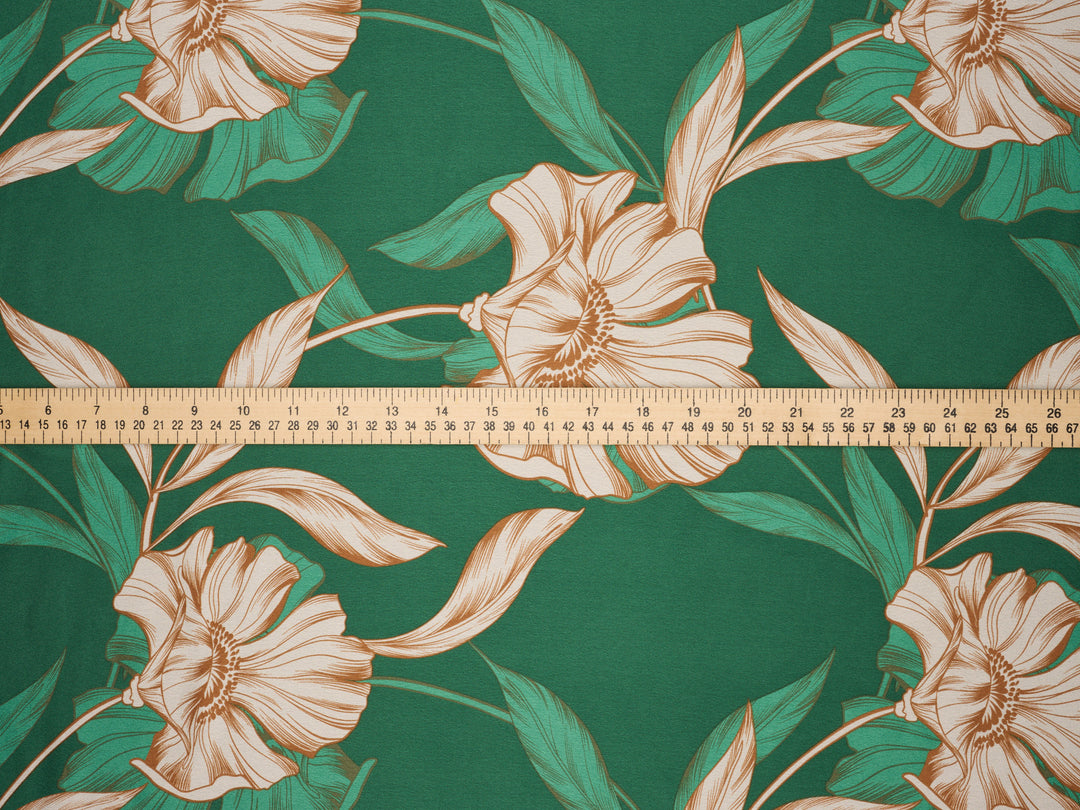 Green  Floral Print - Lightweight  satin  dobby fabric by the yard - Fashion fabric