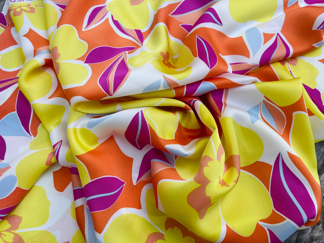 Yellow Floral Print - Lightweight  satin  dobby fabric by the yard - Fashion fabric