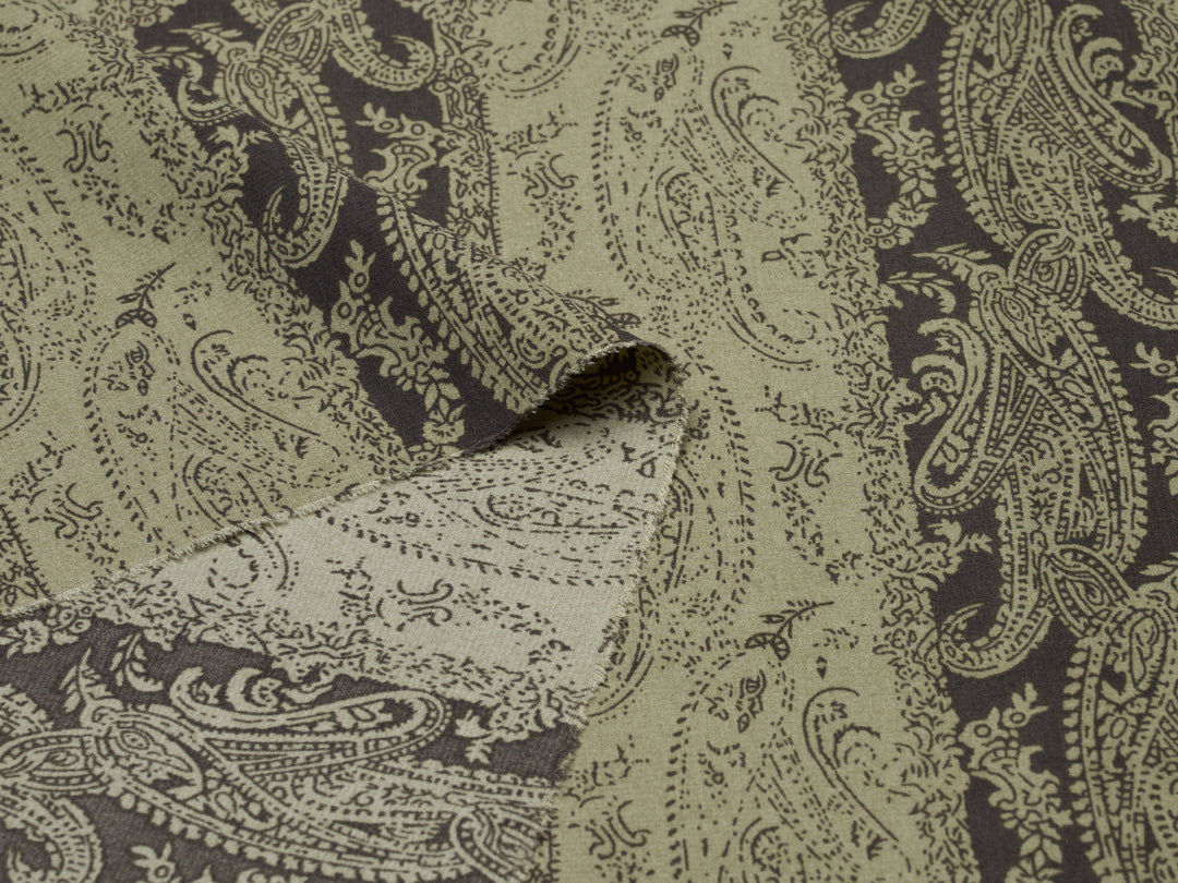 Peachskin  fabric by the yard - Green and black Paisley print