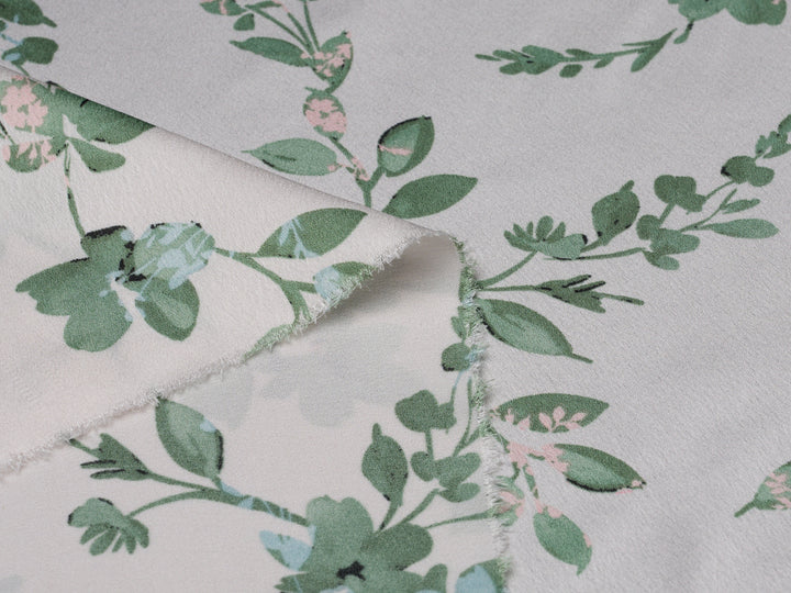 Green Floral   Print  On Off White -   Satin  dobby fabric by the yard - Fashion fabric