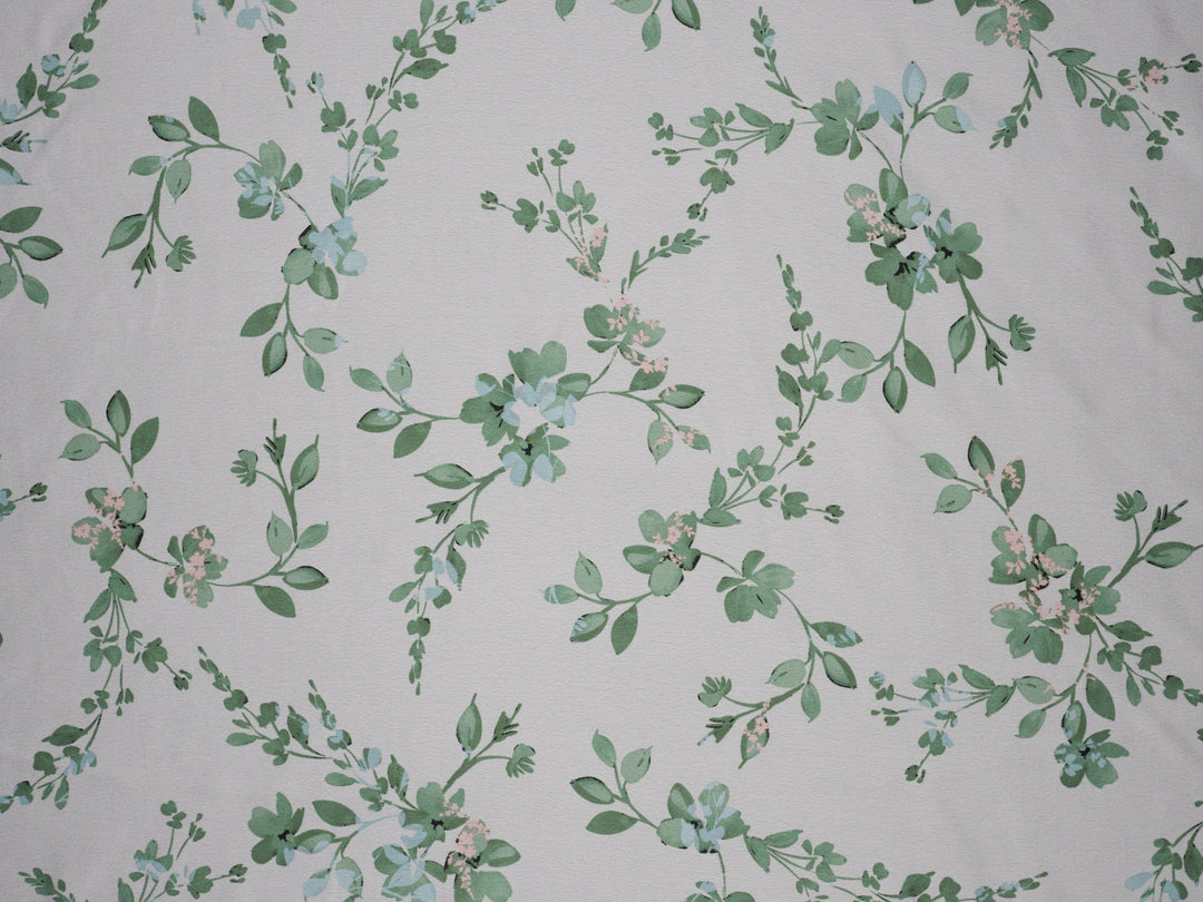 Green Floral   Print  On Off White -   Satin  dobby fabric by the yard - Fashion fabric