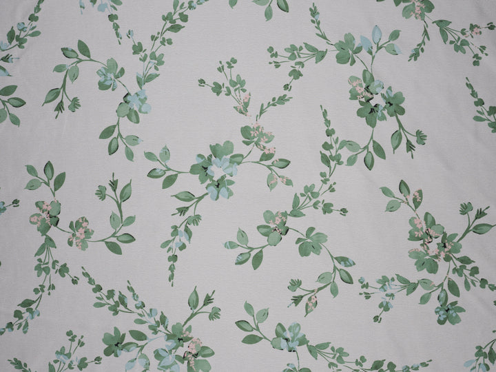 Green Floral   Print  On Off White -   Satin  dobby fabric by the yard - Fashion fabric