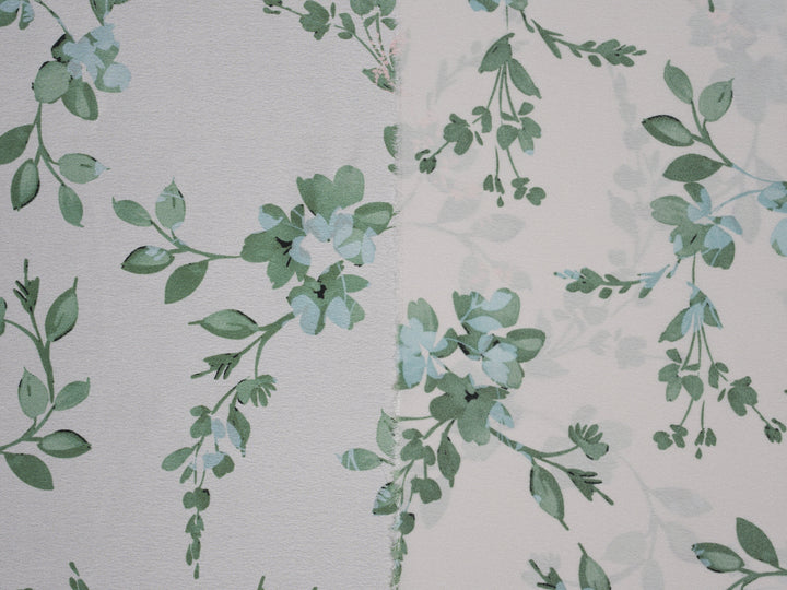 Green Floral   Print  On Off White -   Satin  dobby fabric by the yard - Fashion fabric