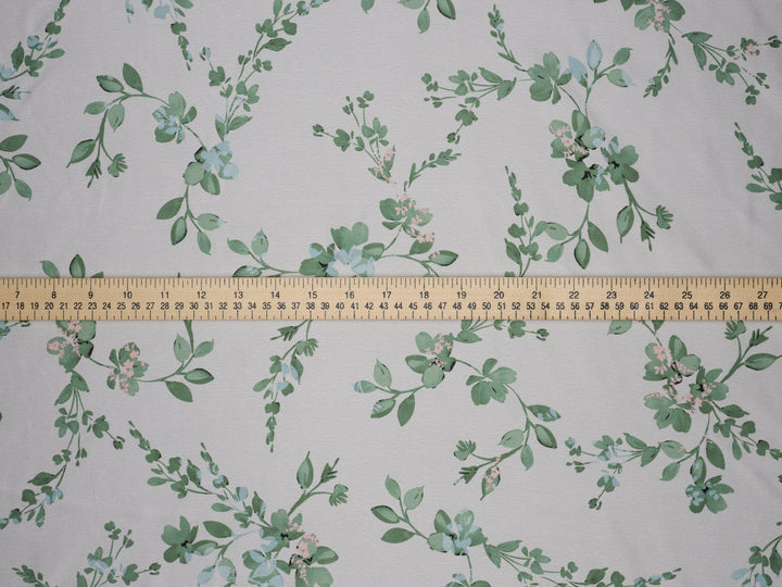 Green Floral   Print  On Off White -   Satin  dobby fabric by the yard - Fashion fabric
