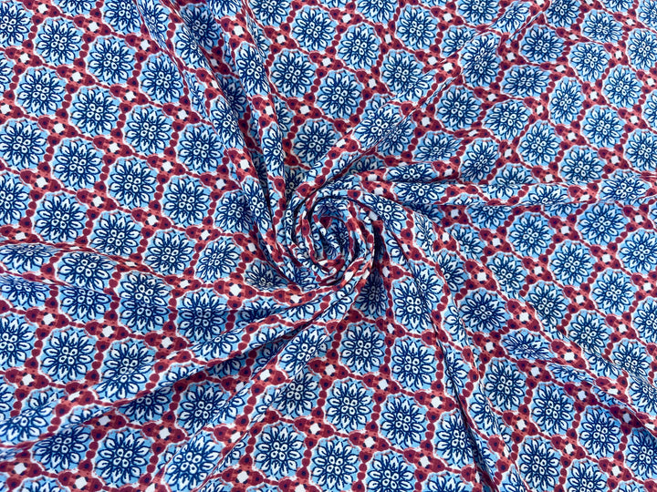 Tribal Boho Woolpeach Floral fabric by the yard - Blue burgundy  medallion tribal