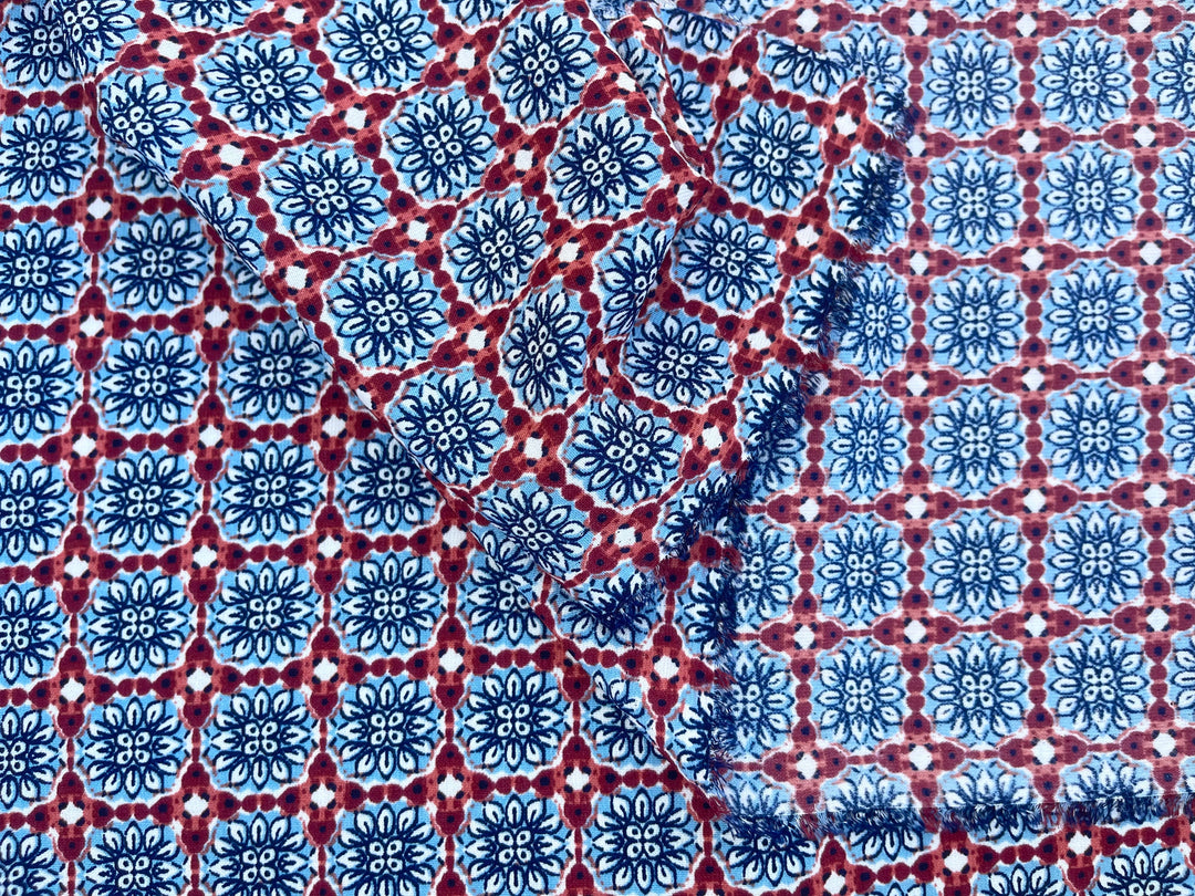 Tribal Boho Woolpeach Floral fabric by the yard - Blue burgundy  medallion tribal