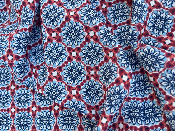 Tribal Boho Woolpeach Floral fabric by the yard - Blue burgundy  medallion tribal