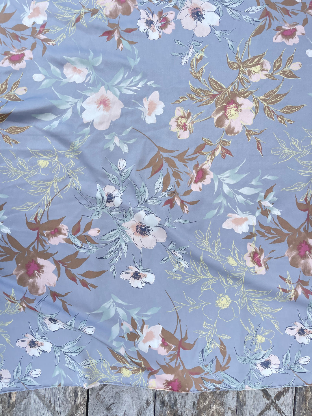 Lightweight  satin  fabric - Blue gray brown   Floral    print