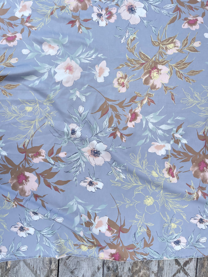 Lightweight  satin  fabric - Blue gray brown   Floral    print