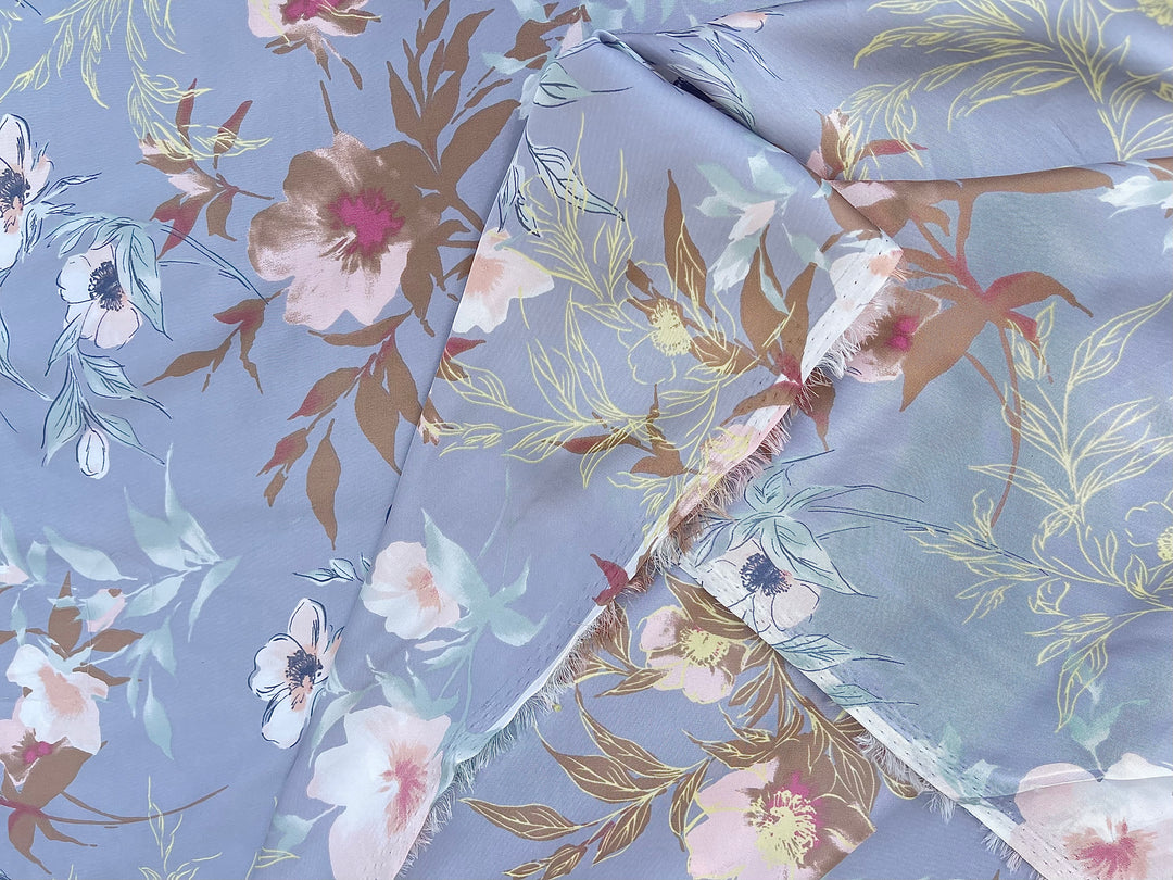 Lightweight  satin  fabric - Blue gray brown   Floral    print