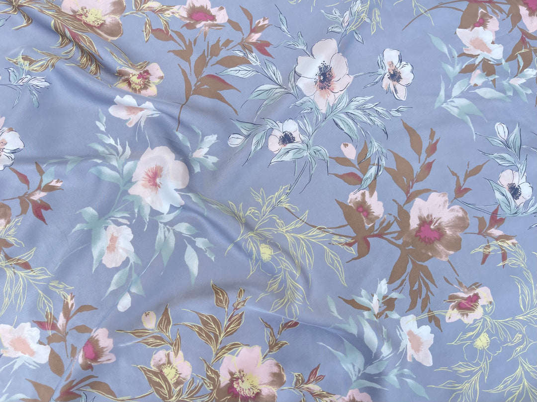 Lightweight  satin  fabric - Blue gray brown   Floral    print