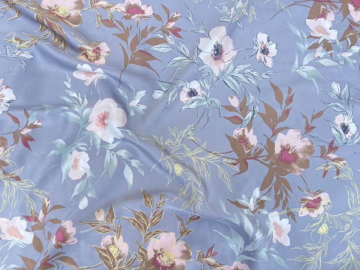 Lightweight  satin  fabric - Blue gray brown   Floral    print