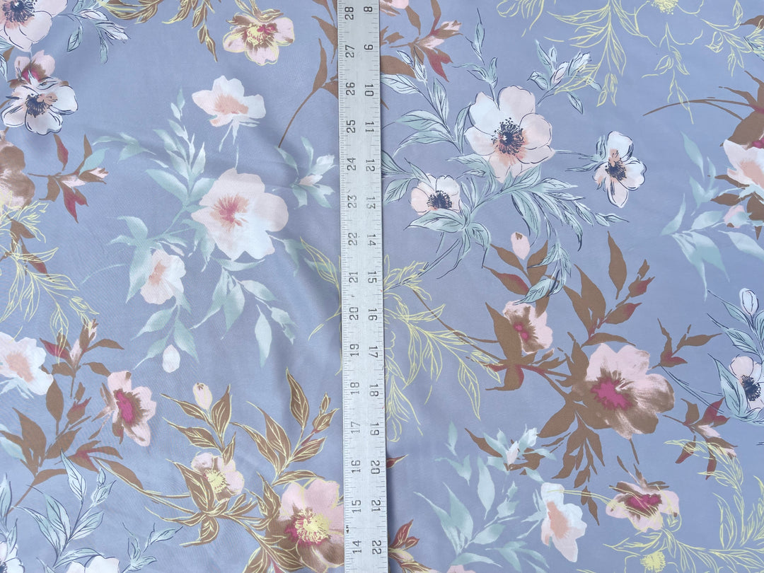 Lightweight  satin  fabric - Blue gray brown   Floral    print