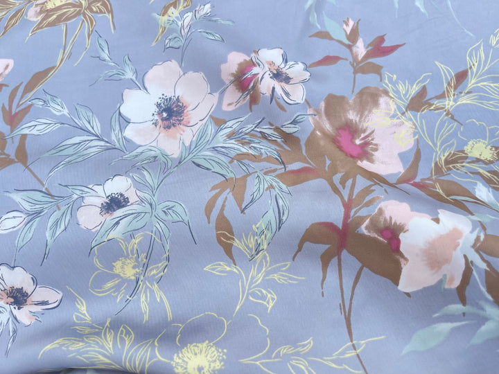 Lightweight  satin  fabric - Blue gray brown   Floral    print