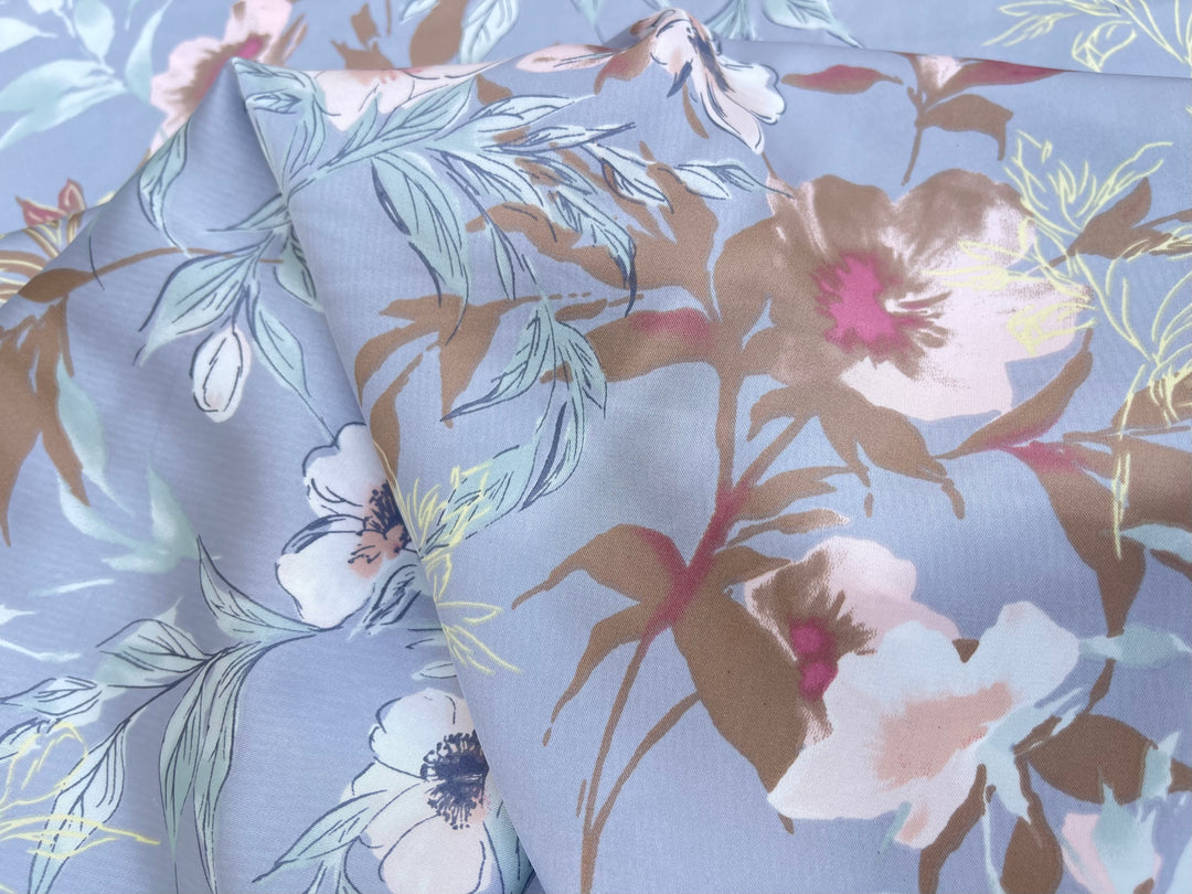 Lightweight  satin  fabric - Blue gray brown   Floral    print