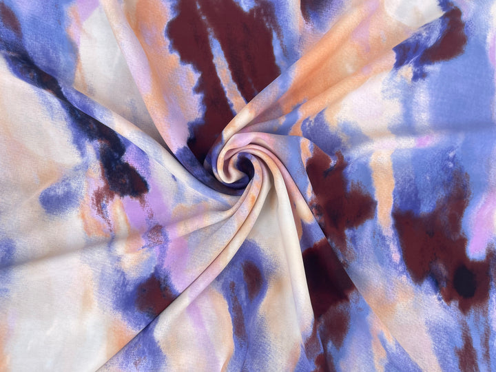 Ivory brown purple lavender marble print satin fabric 