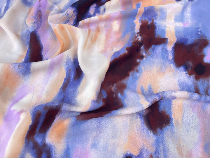 Lightweight  satin  fabric - Ivory purple brown marble     print