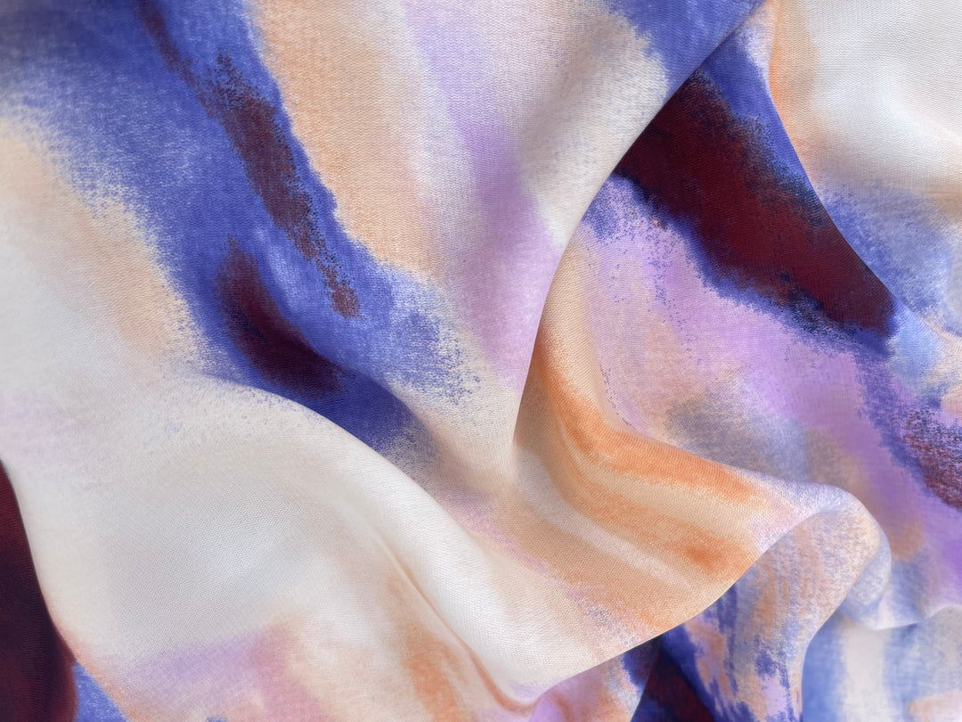 Lightweight  satin  fabric - Ivory purple brown marble     print