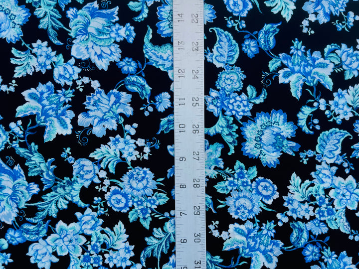 Blue and Black floral nature print -  Woolpeach fabric by the yard - soft flowy fabric