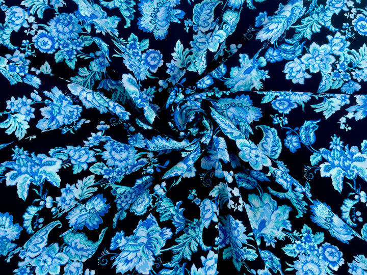 Blue and Black floral nature print -  Woolpeach fabric by the yard - soft flowy fabric