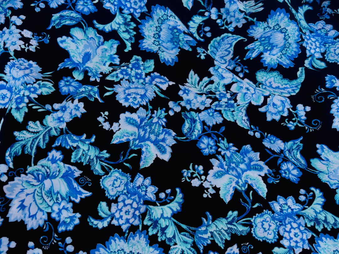 Blue and Black floral nature print -  Woolpeach fabric by the yard - soft flowy fabric