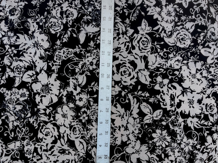 Peachskin  fabric by the yard -  Black  and off white  floral  print