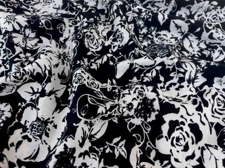 Peachskin  fabric by the yard -  Black  and off white  floral  print