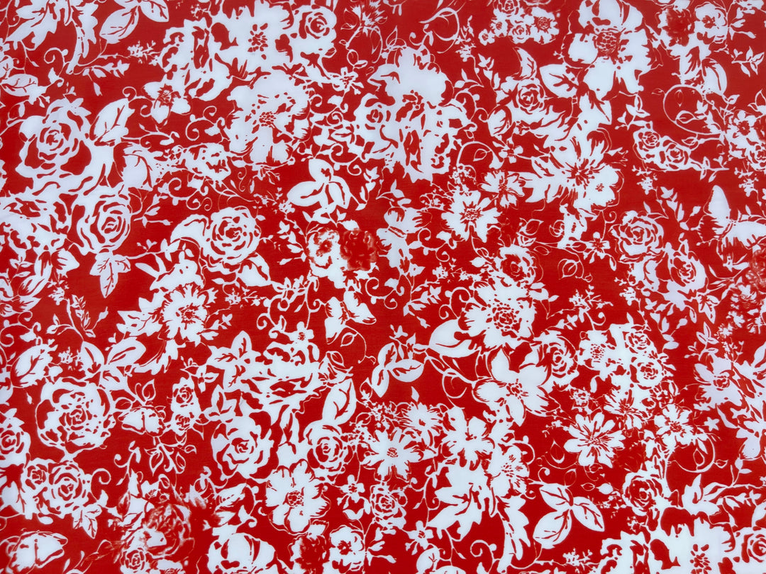 Peachskin  fabric by the yard -   Red and off white  floral  print
