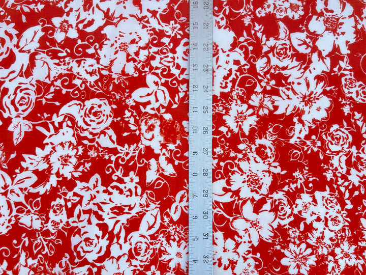 Peachskin  fabric by the yard -   Red and off white  floral  print
