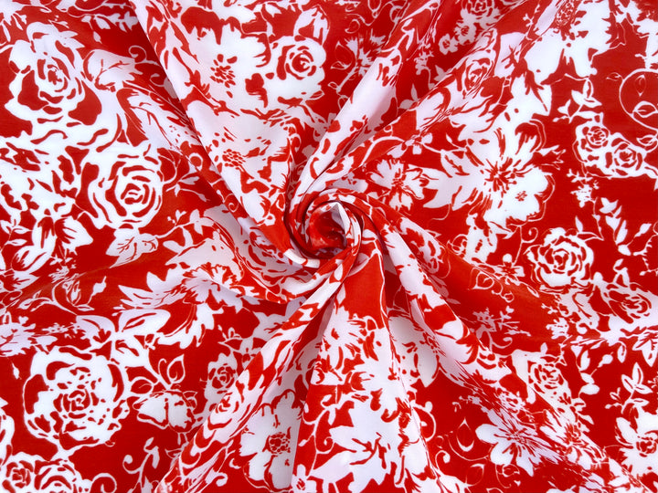 Peachskin  fabric by the yard -   Red and off white  floral  print