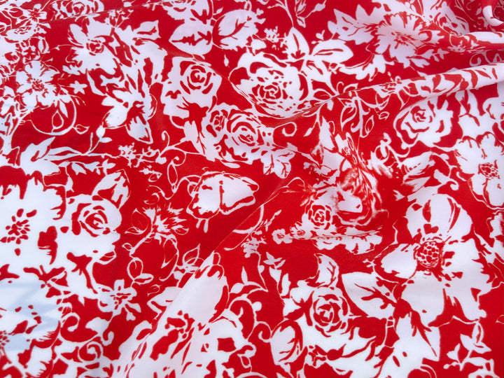 Peachskin  fabric by the yard -   Red and off white  floral  print