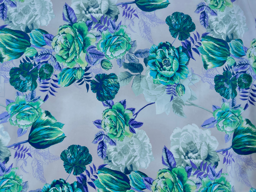 Peachskin  fabric by the yard - Green and  Purple Roses  Tulips floral   print
