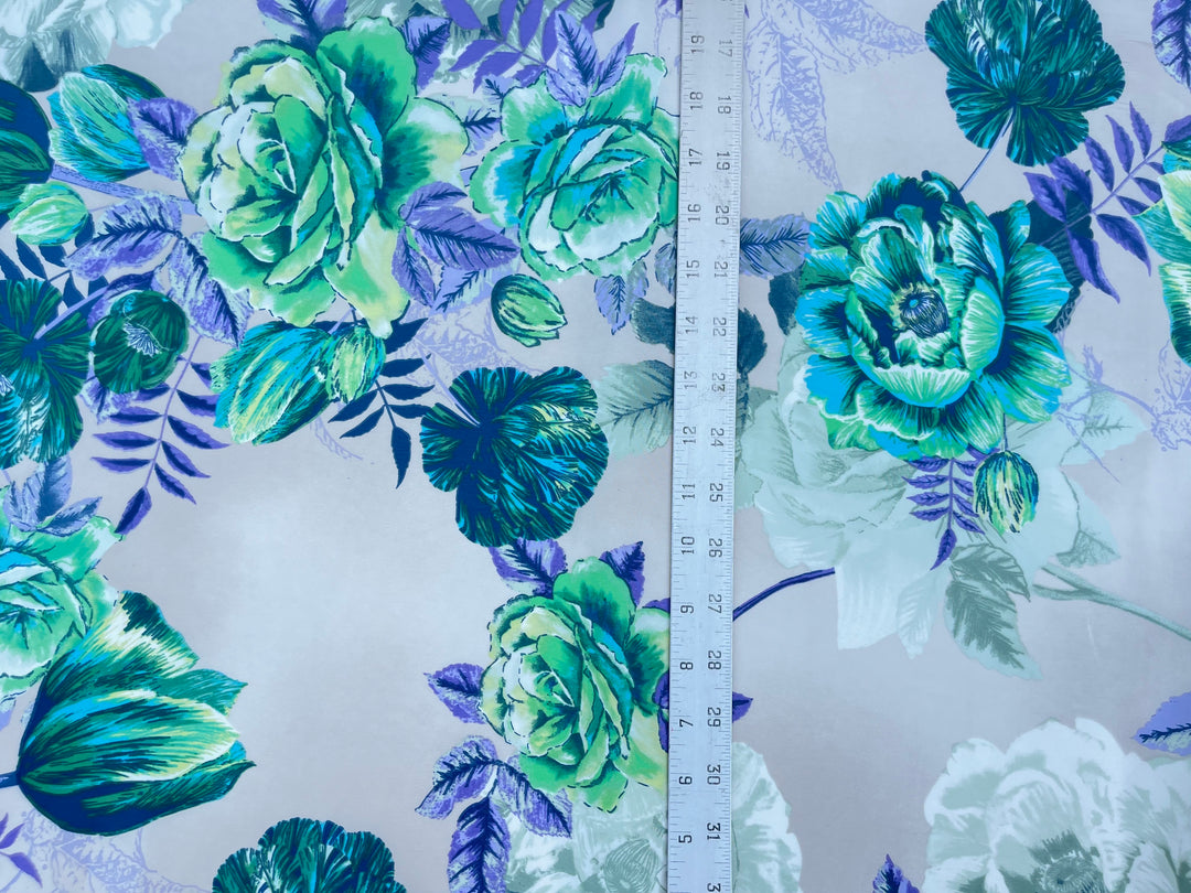 Peachskin  fabric by the yard - Green and  Purple Roses  Tulips floral   print