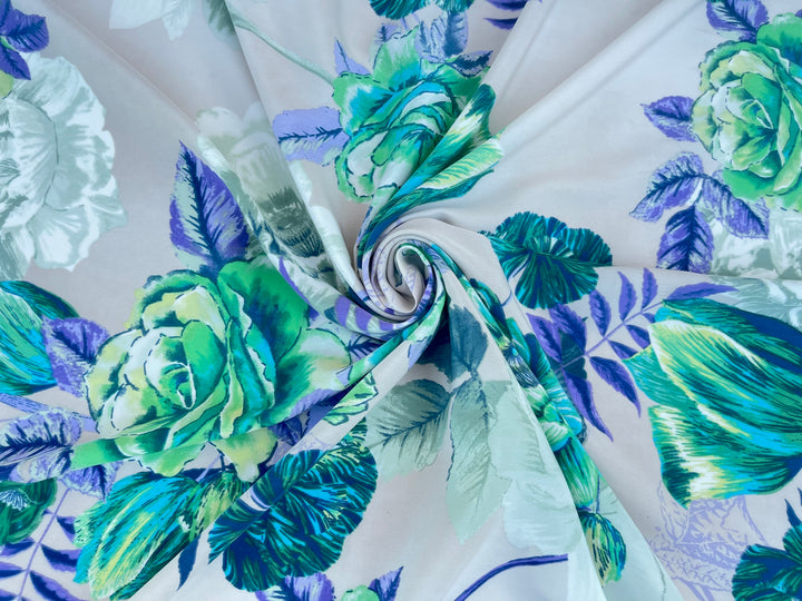 Peachskin  fabric by the yard - Green and  Purple Roses  Tulips floral   print