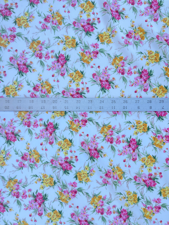 Peachskin  fabric by the yard -  Pink and Yellow  dainty floral bouquets   print