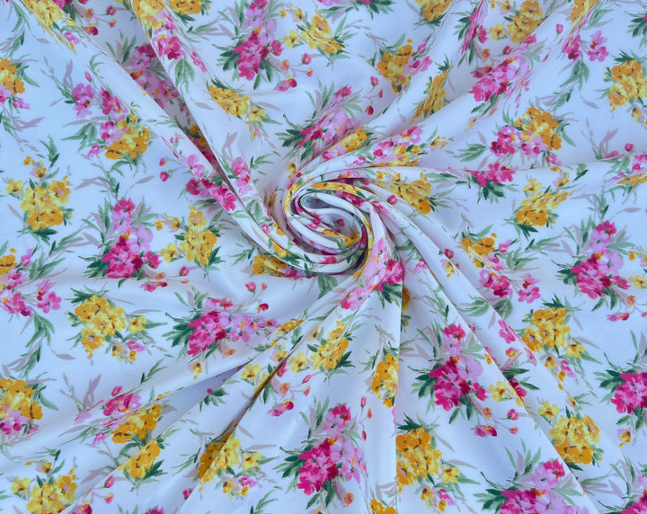 Peachskin  fabric by the yard -  Pink and Yellow  dainty floral bouquets   print