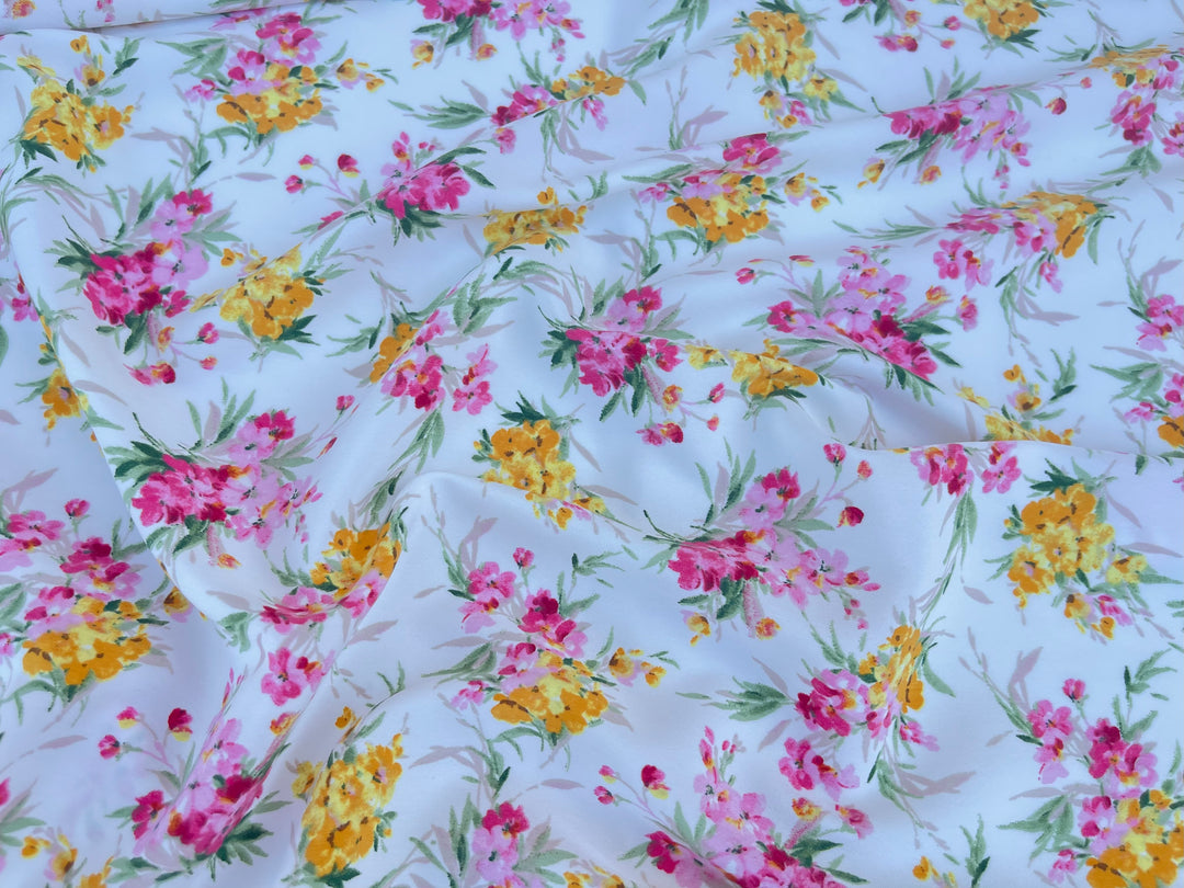 Peachskin  fabric by the yard -  Pink and Yellow  dainty floral bouquets   print