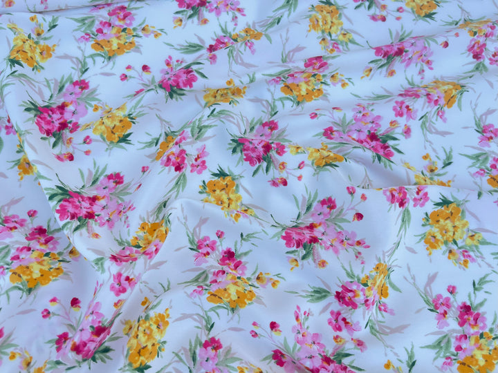 Peachskin  fabric by the yard -  Pink and Yellow  dainty floral bouquets   print