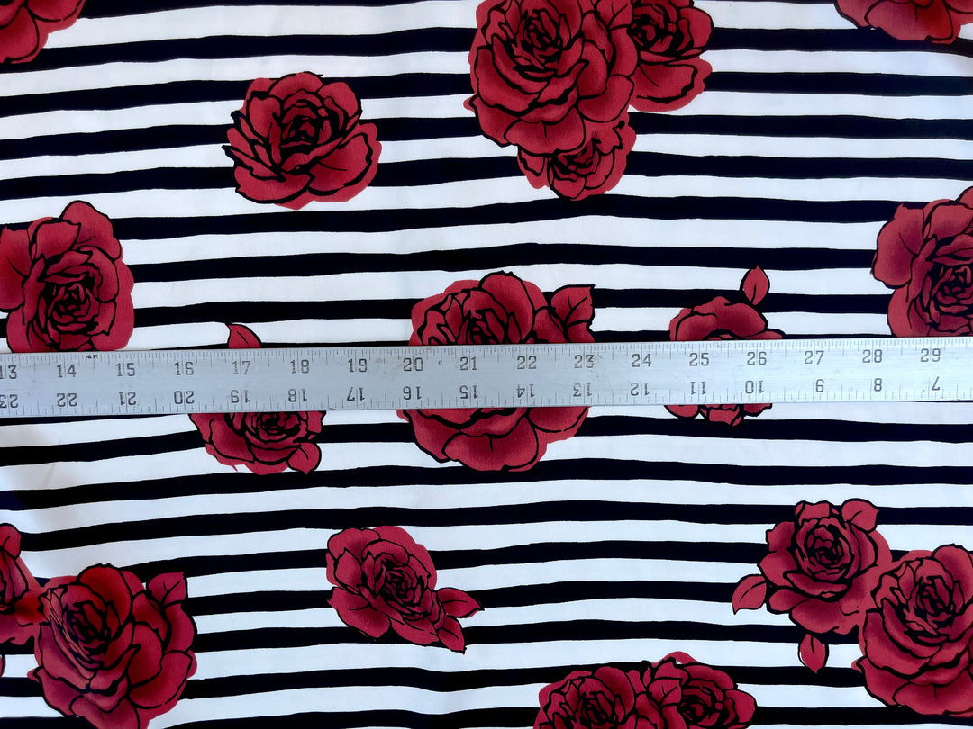 Roses and stripes  print - Silky Satin  charmeuse fabric by the yard