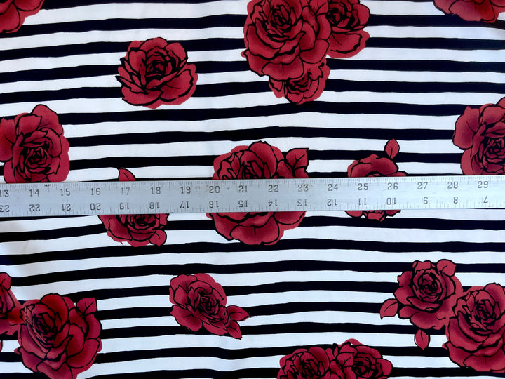 Roses and stripes  print - Silky Satin  charmeuse fabric by the yard