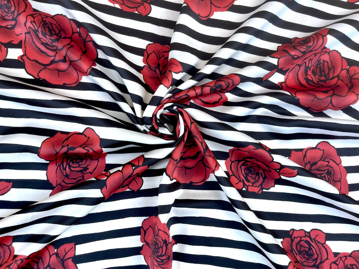 Roses and stripes  print - Silky Satin  charmeuse fabric by the yard